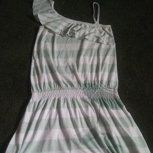 White and mint green striped short summer dress